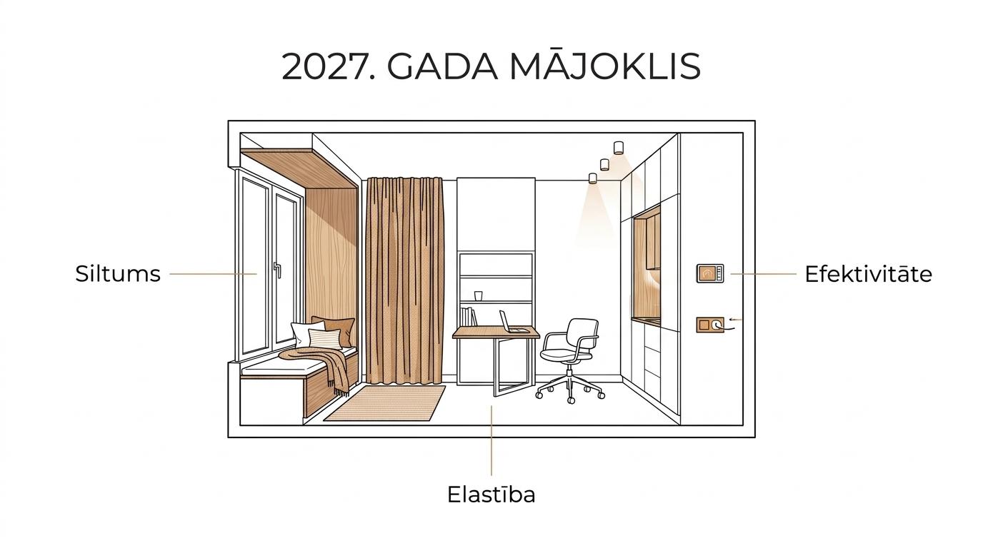 Marķēta moderna Latvijas dzīvokļa telpa ar siltām koka virsmām, bieziem aizkariem, paklāju, elastīgu darba un atpūtas zonu, iebūvētu glabāšanu, viedo apgaismojumu un ventilāciju.