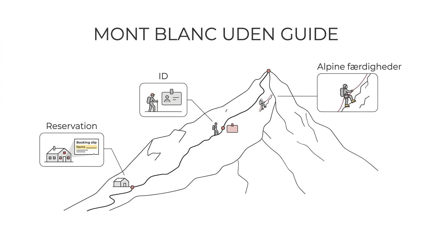 Diagram over Mont Blancs normalrute med markerede krav som navngiven reservation, ID-kontrol, refugieovernatning og alpin erfaring.