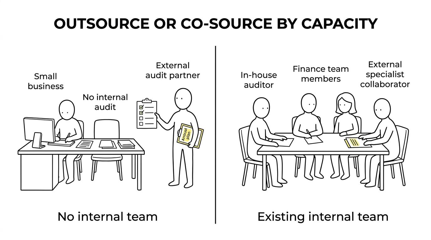 Side-by-side overview of outsourced and co-sourced internal audit support, showing when each model fits and what each includes.