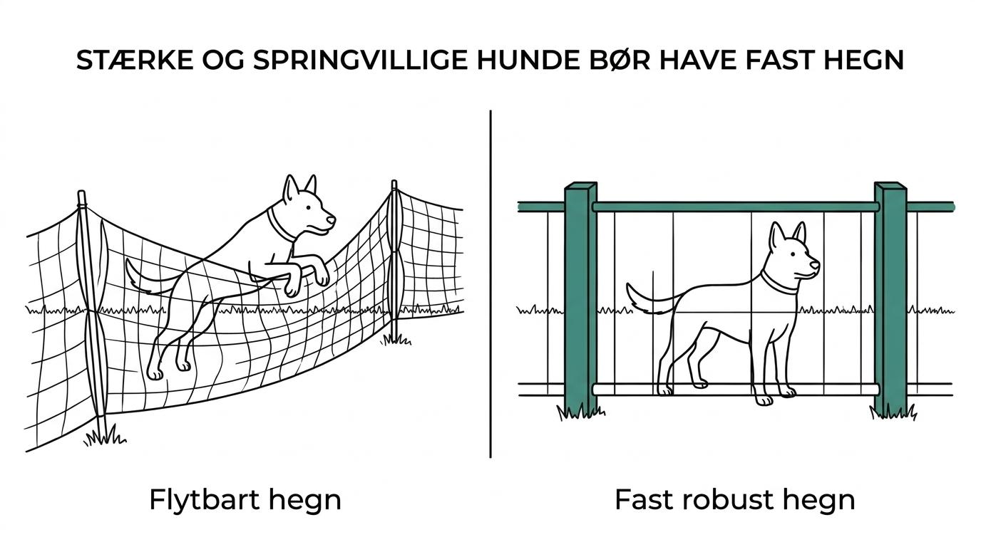 Sammenligning af et flytbart hundehegn til midlertidig brug i have eller ved camping med en fast, mere robust indhegning til stærke eller springvillige hunde.