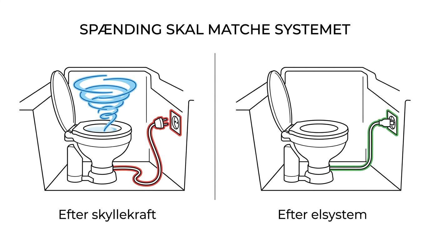 Sammenligning af 12V og 24V elektriske marine toiletter med samme grundfunktion, men højere strømtræk på 12V og lavere strømtræk på 24V.