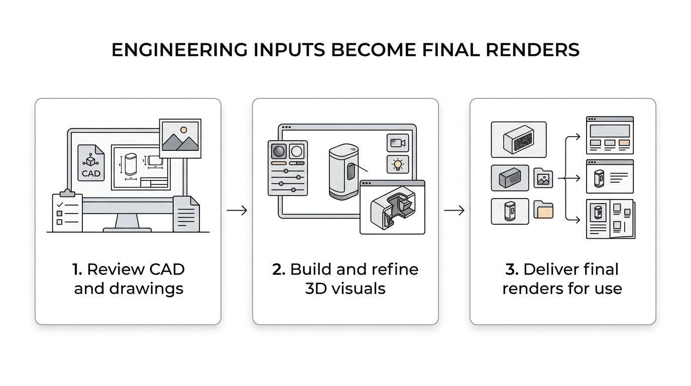 Three-step flow showing CAD files and drawings moving into 3D visual development and final industrial product renders for sales and technical use.