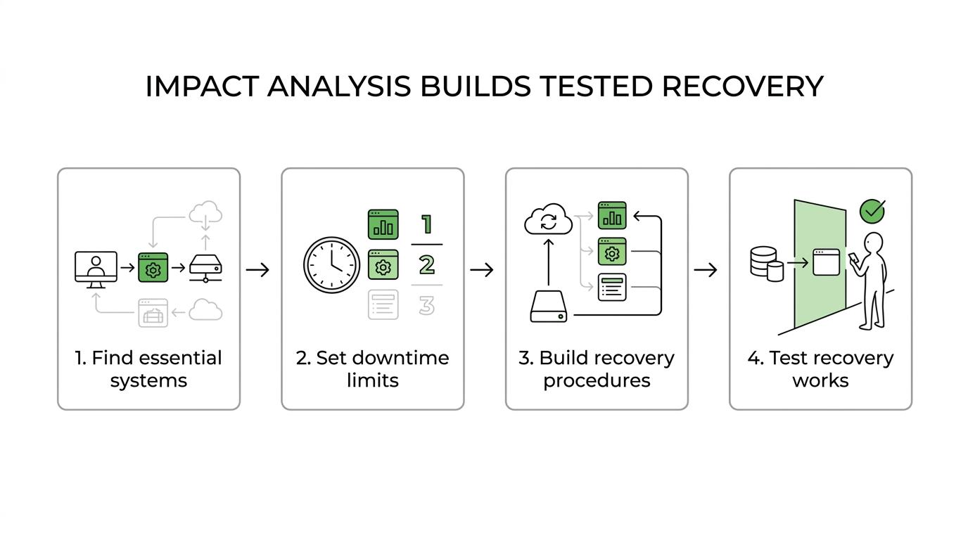 A step-by-step business continuity workflow showing impact analysis, recovery priorities, backups and security, testing, and restored operations.