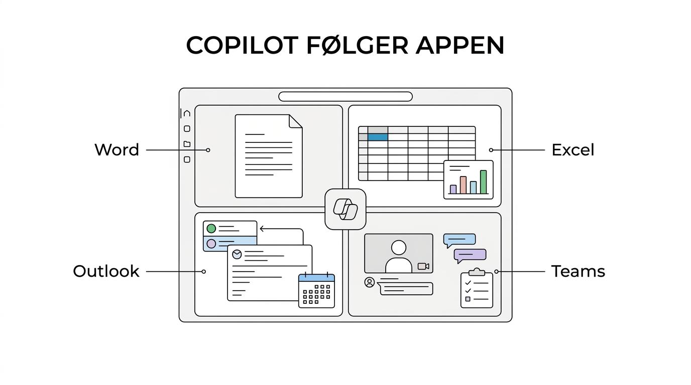 Diagram med Microsoft 365 Copilot i midten og fire forbundne felter for Word, Excel, Outlook og Teams med typiske opgaver i hver app.