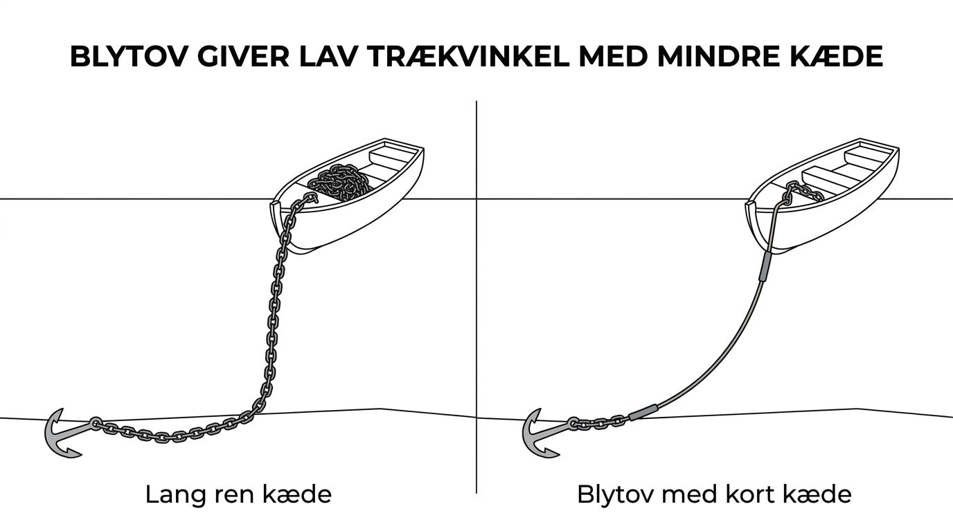Sammenligning af en lille båds ankeropsætning med ren kæde versus blytov med kort kædeforfang og forskellig linevinkel mod ankeret.
