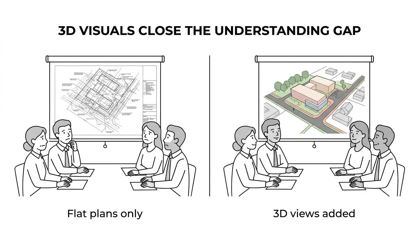 Side-by-side view of a traditional construction site plan and a 3D project visualization showing structures, routes, and movement more clearly.