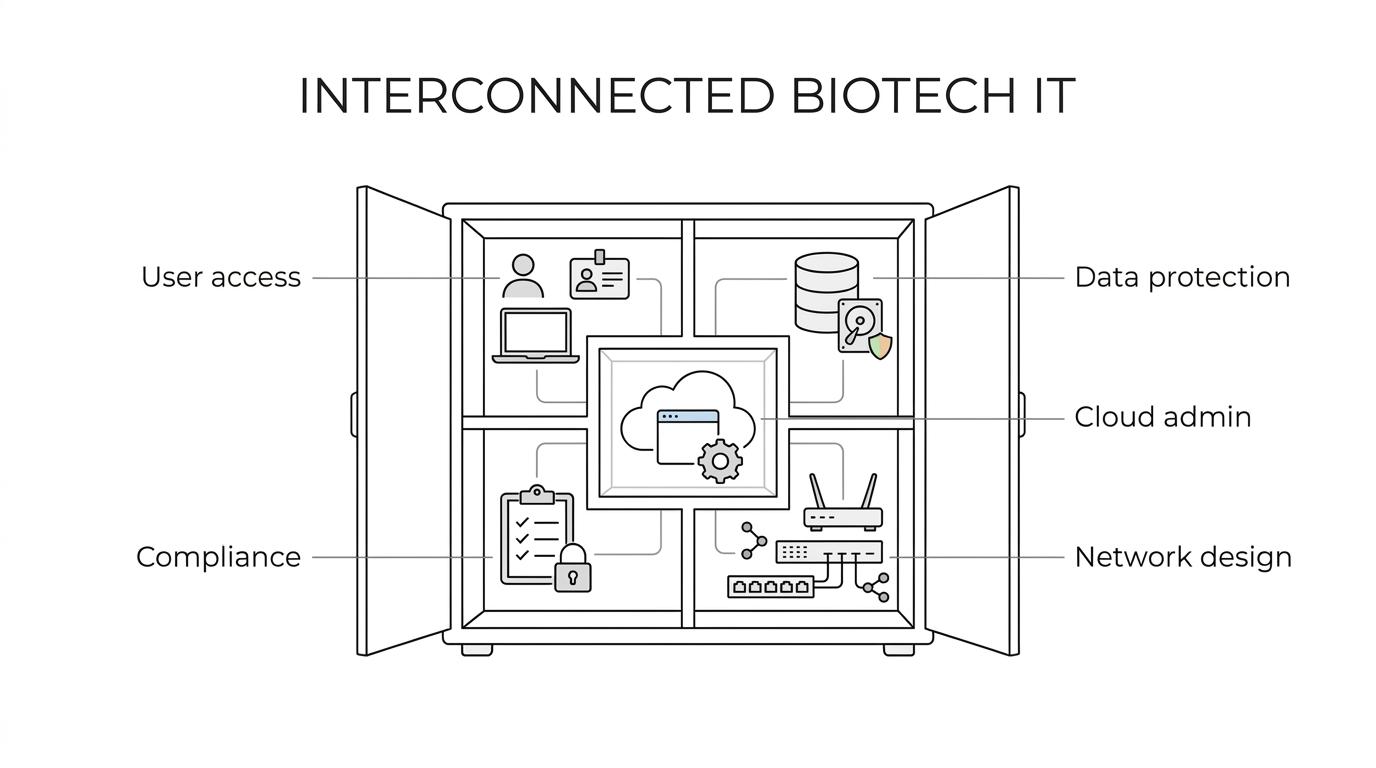 Diagram showing a central biotech IT environment connected to security, cloud, identity, backup, compliance, user support, and network infrastructure.