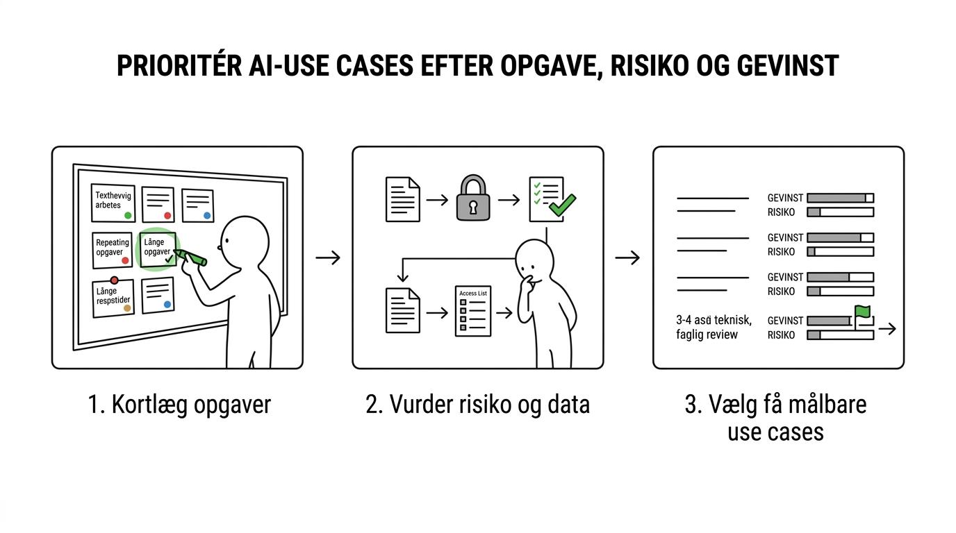 Et enkelt tretrinsflow, hvor ledere først kortlægger opgaver, derefter vurderer risiko og data, og til sidst vælger få AI-use-cases.