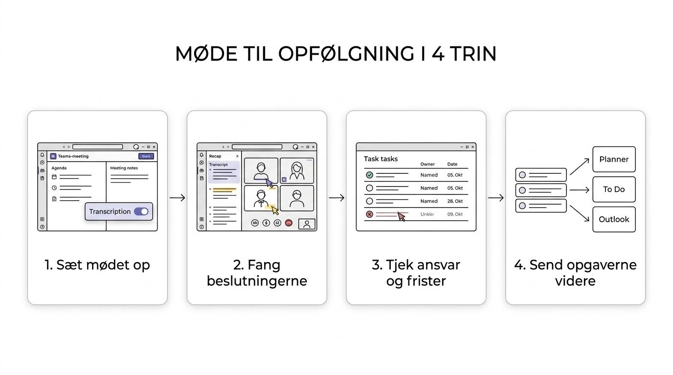 Proces fra Teams-møde med agenda og transskription til recap, validerede beslutninger og opgaver sendt til Planner, To Do og Outlook.