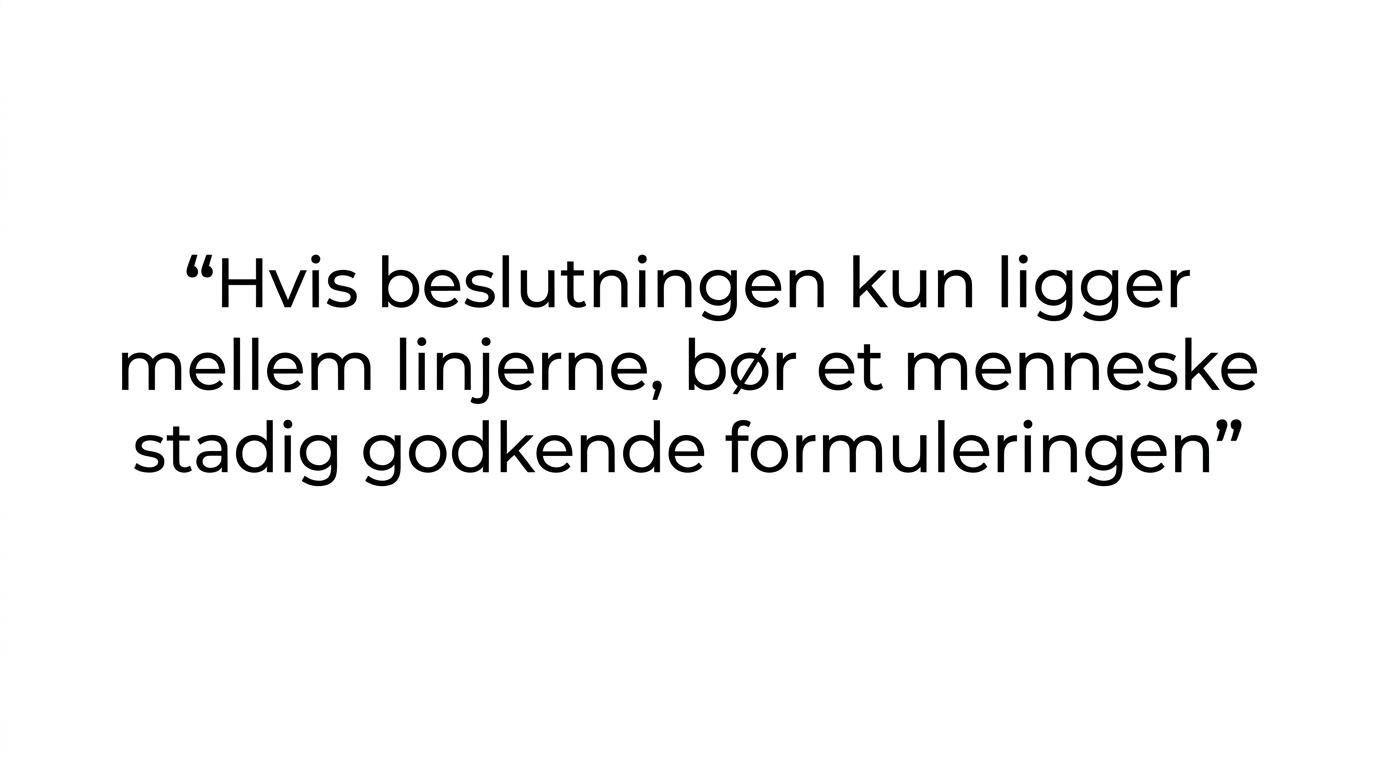 Fremhævet citat om, at AI kan hjælpe med hastighed og struktur, men ikke alene afgøre, om noget blev en bindende beslutning.