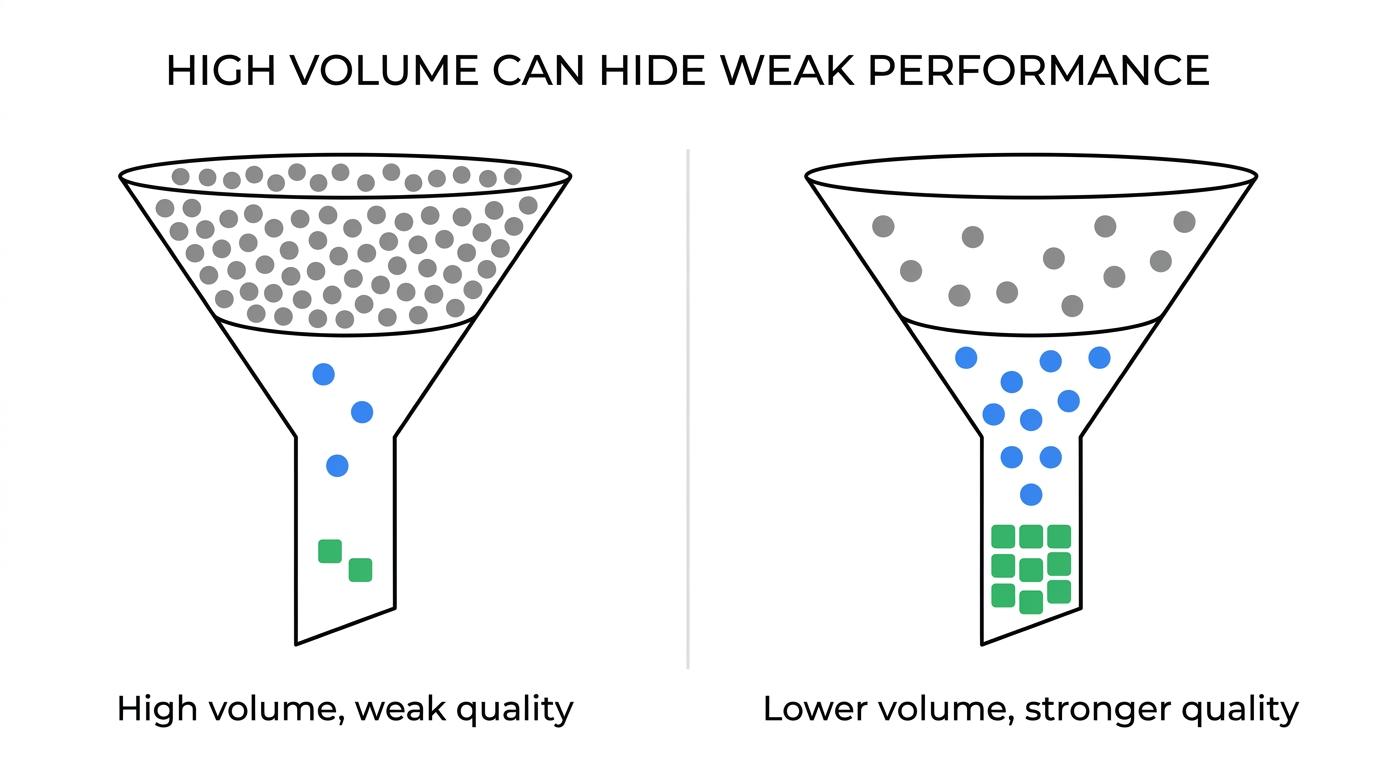 Side-by-side comparison of Team A and Team B showing touches sent, meetings booked, meetings attended, and sales-accepted opportunities, with Team B outperforming on quality despite lower volume.
