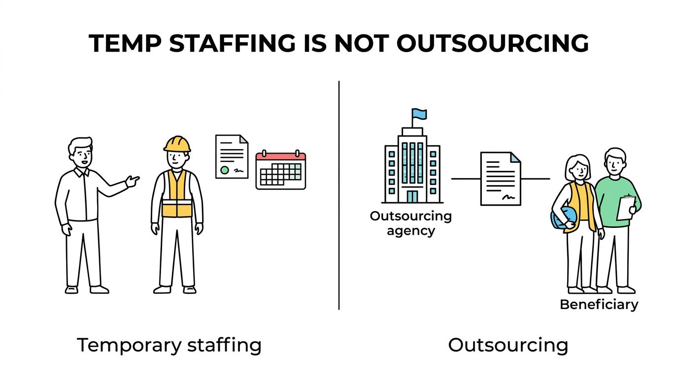 Side-by-side comparison of temporary staffing and outsourcing in Dubai across employer relationship, supervision, worker location, duration, and administration.